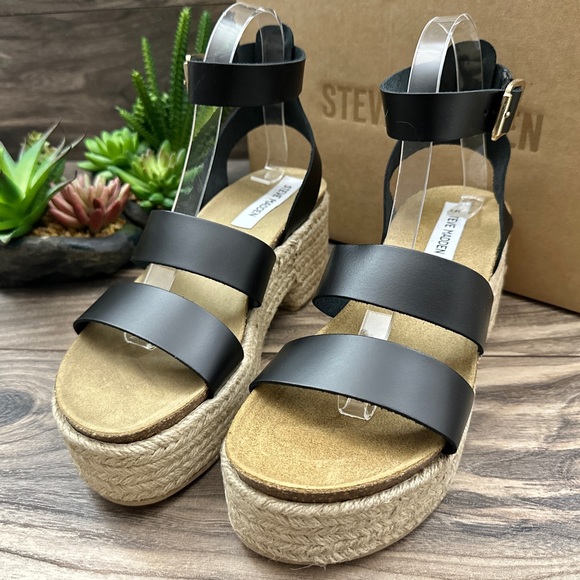 NIB Steve Madden Kelton Espadrille Platform Ankle Strap Sandal Black Leather 8 - Picture 3 of 13